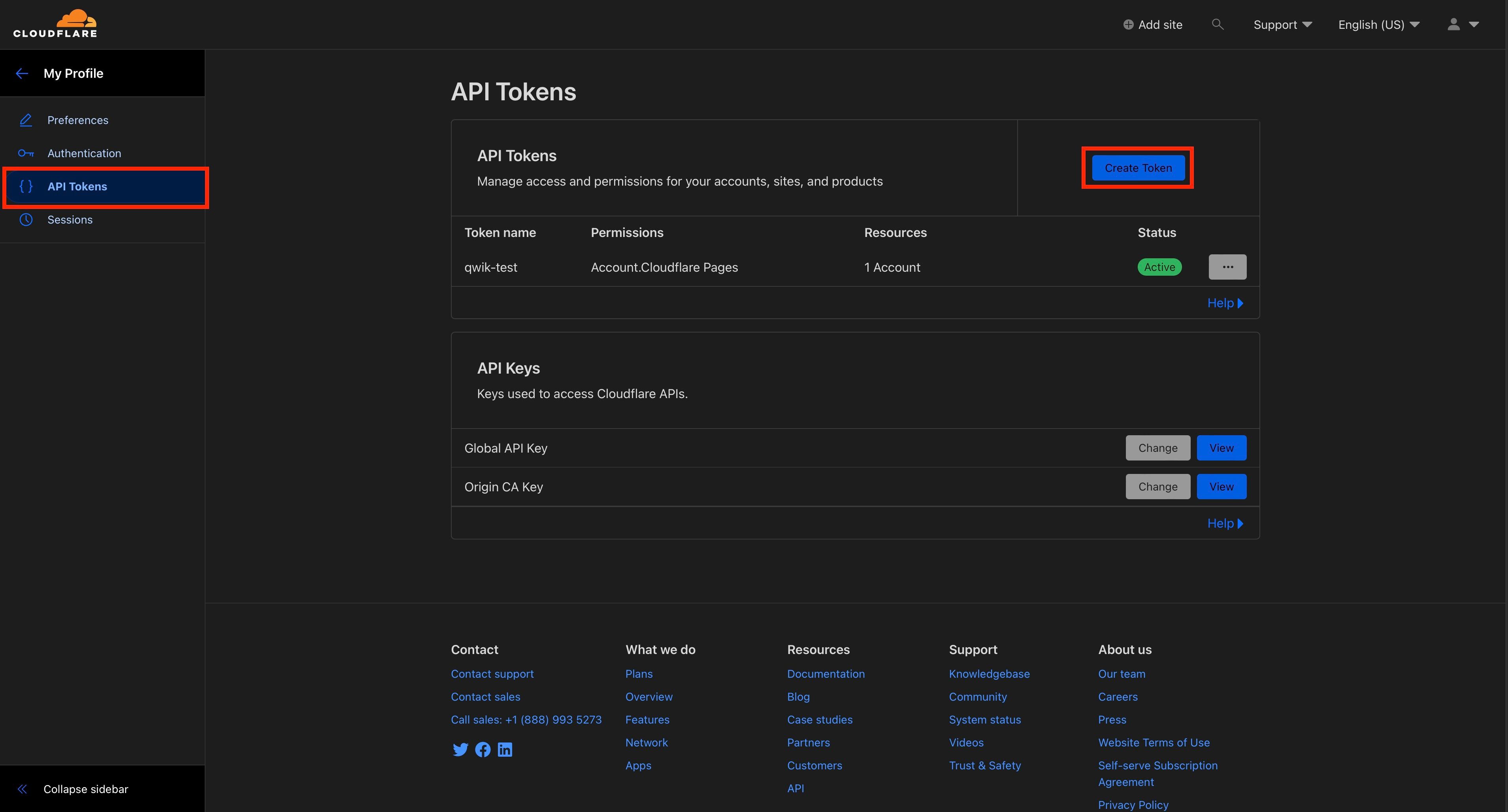 Screenshot of the Cloudflare API Tokens Dashboard.