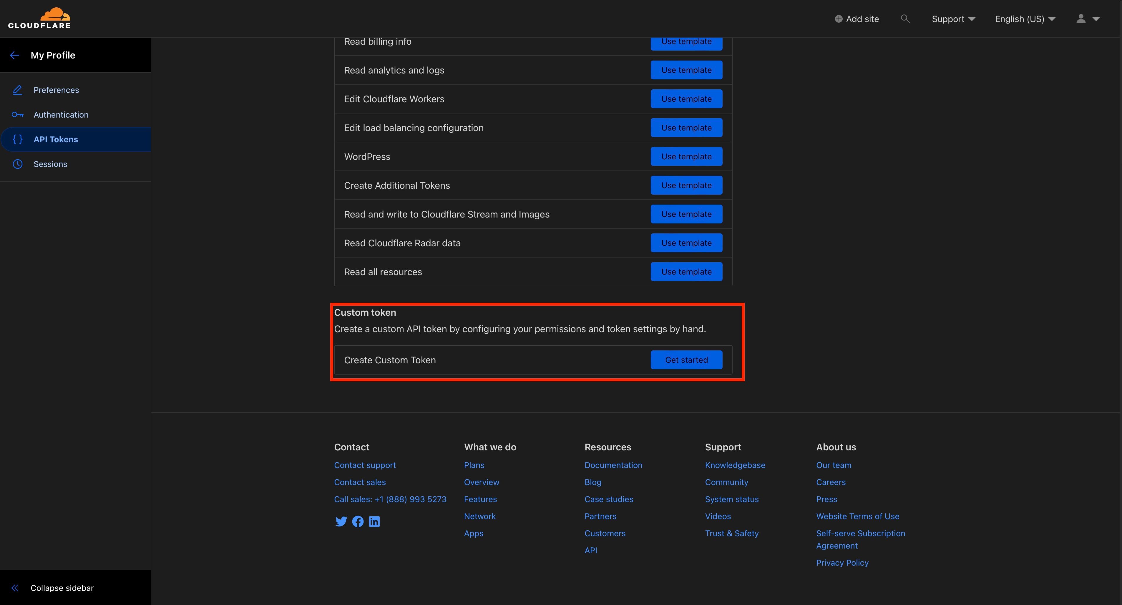 Screenshot of the Cloudflare API Tokens Dashboard for creating a custom token.