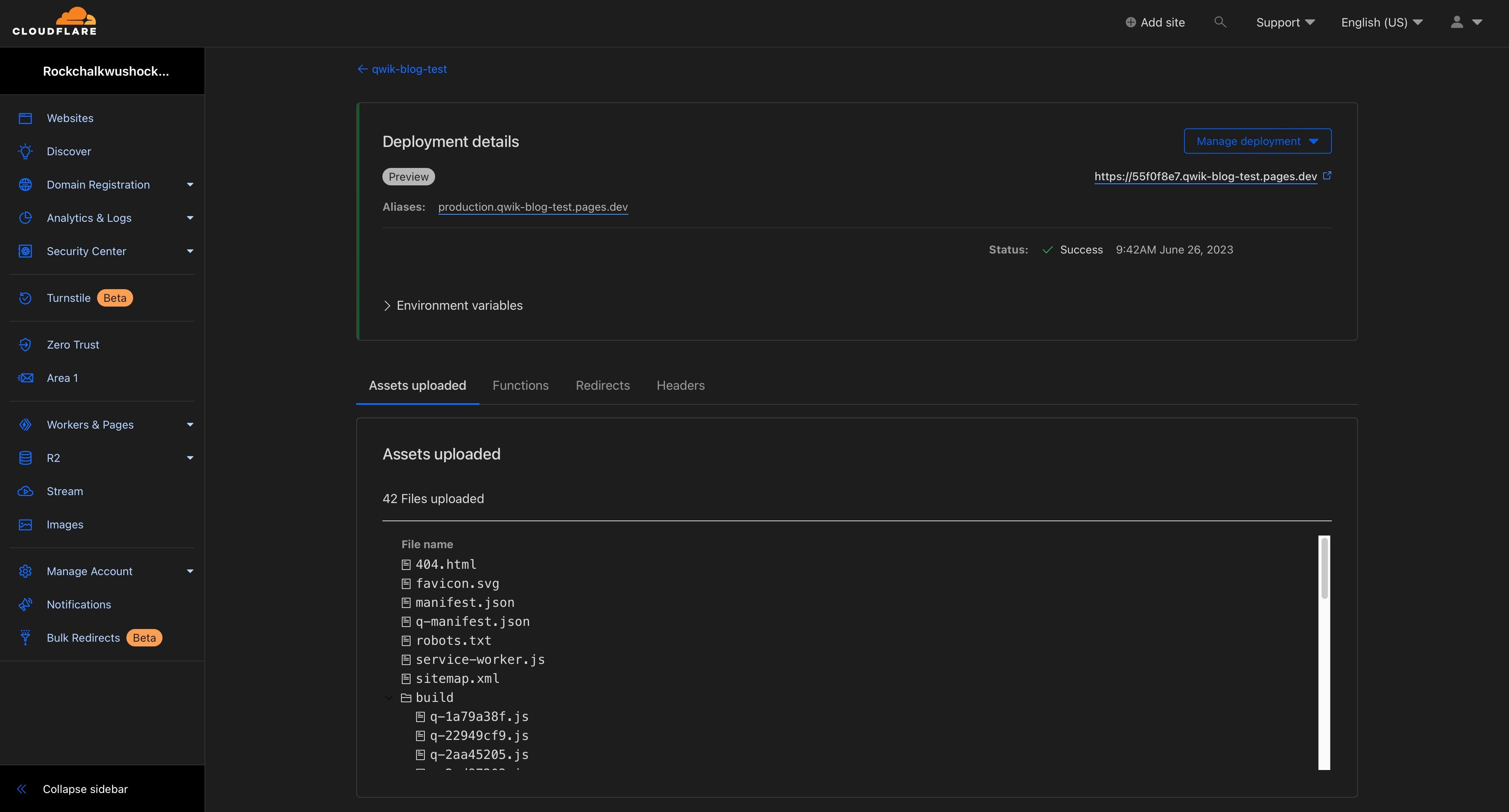 Screenshot of the detailed deployment view in Cloudflare Pages.