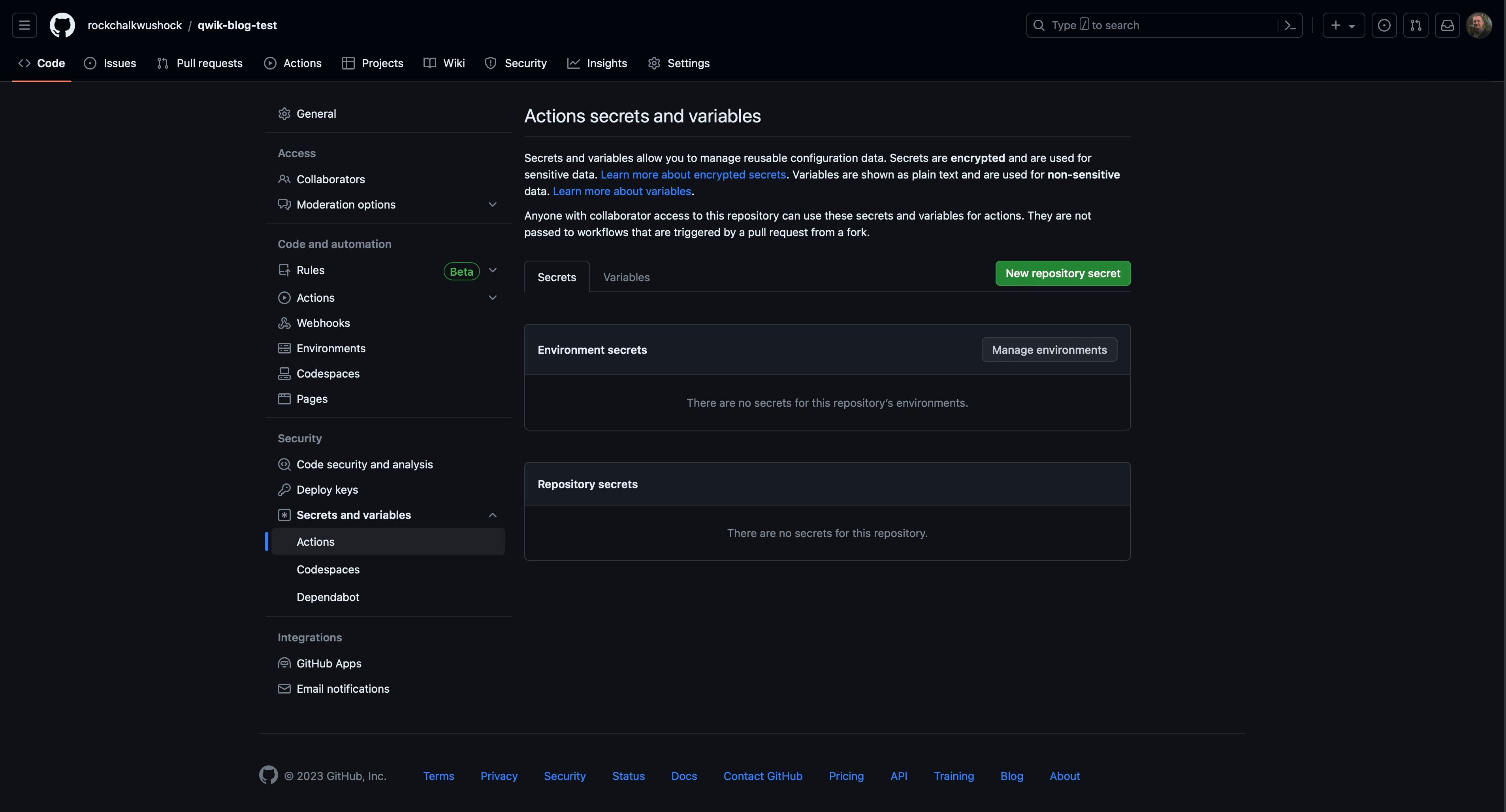 Screenshot of the GitHub repository settings page for adding new repository secrets.