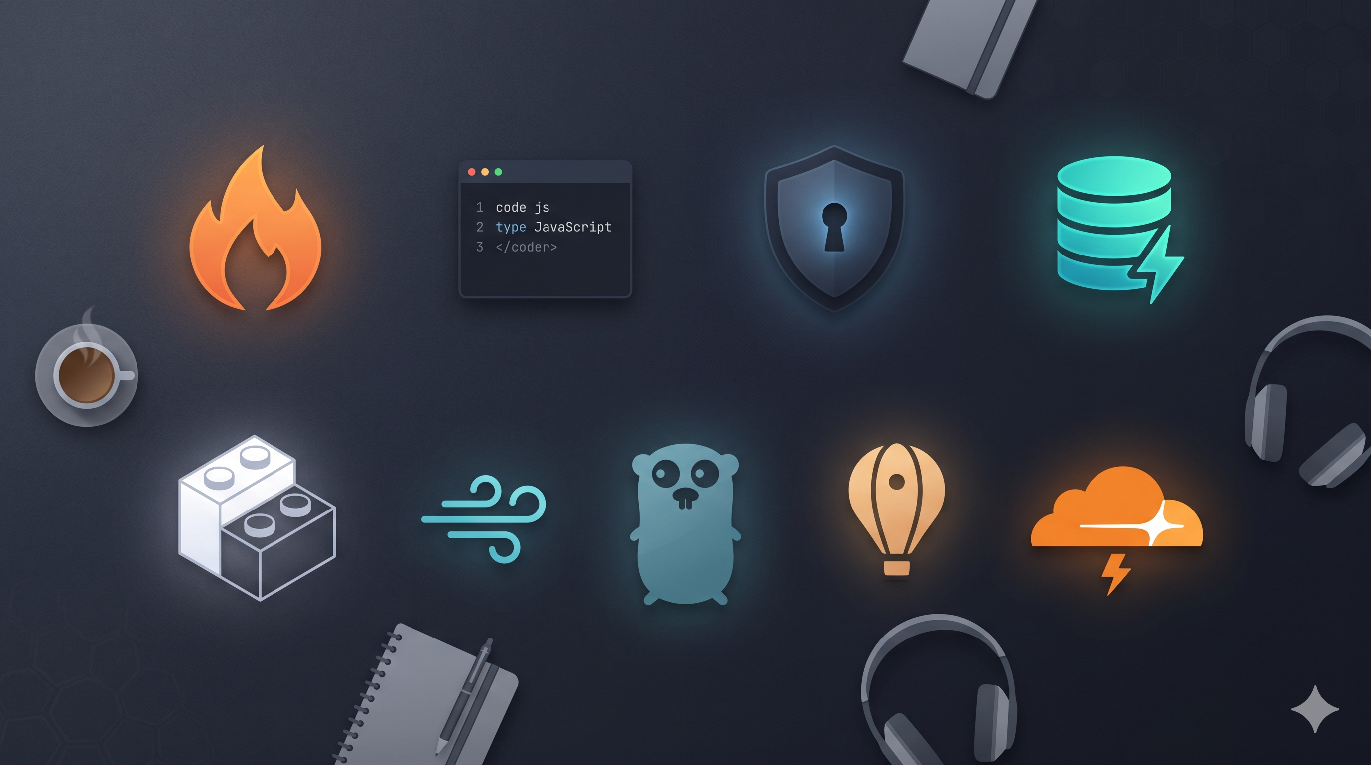 Floating icons of a developer tech stack: Svelte, a code window, a security shield, a database, the Go gopher, a hot air balloon, and the Cloudflare logo, scattered against a dark background.