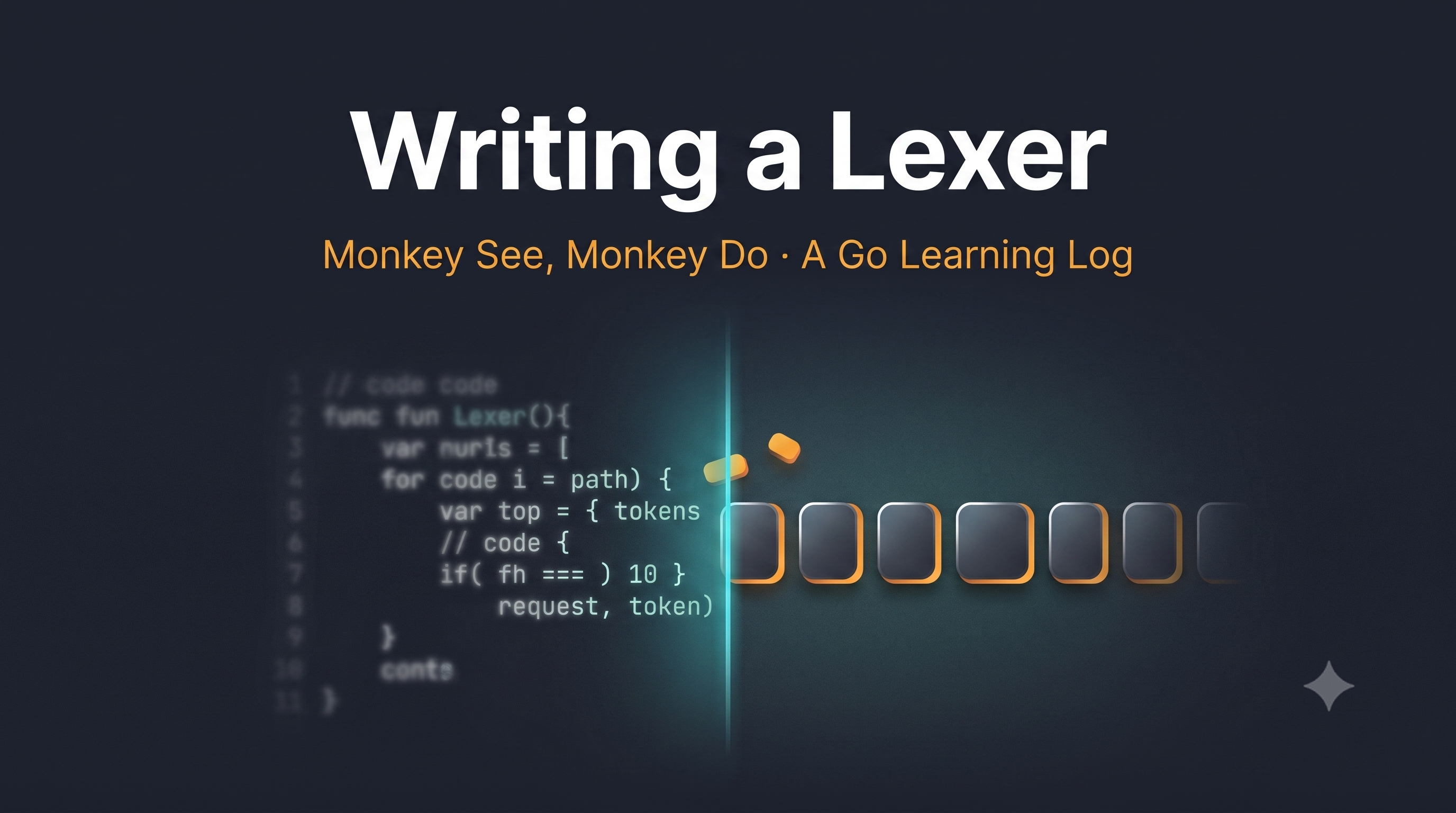 A digital infographic for a programming guide titled 'Writing a Lexer' with the subtitle 'Monkey See, Monkey Do • A Go Learning Log'. The image shows blurred computer code on the left transformed into a sequence of glowing token icons on the right, separated by a vertical cyan light effect, illustrating the lexical analysis process in the Go programming language.