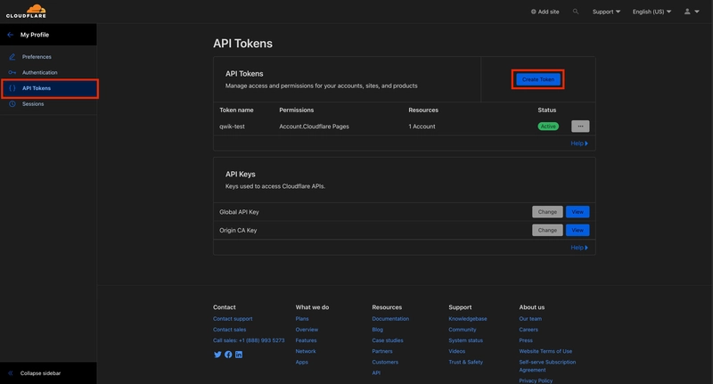 Screenshot of the Cloudflare API Tokens Dashboard.