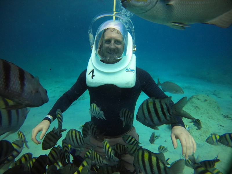 Hanging out with the some tropical fish under water.