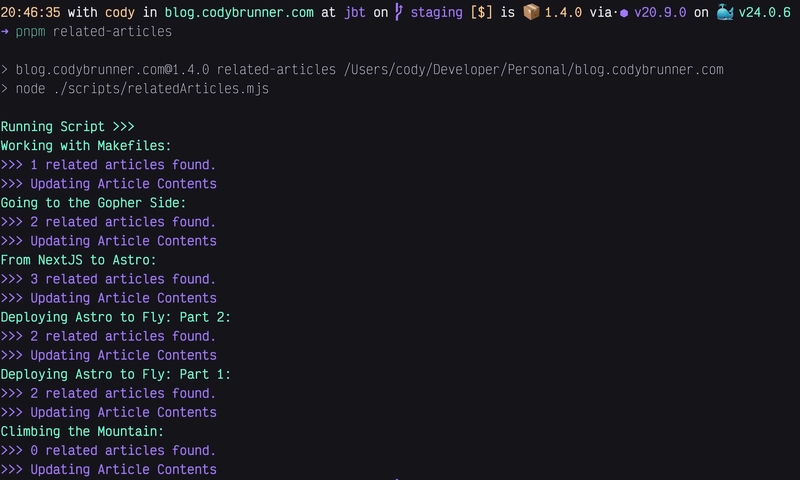 The gorgeous output in the terminal from running the relatedArticles script.