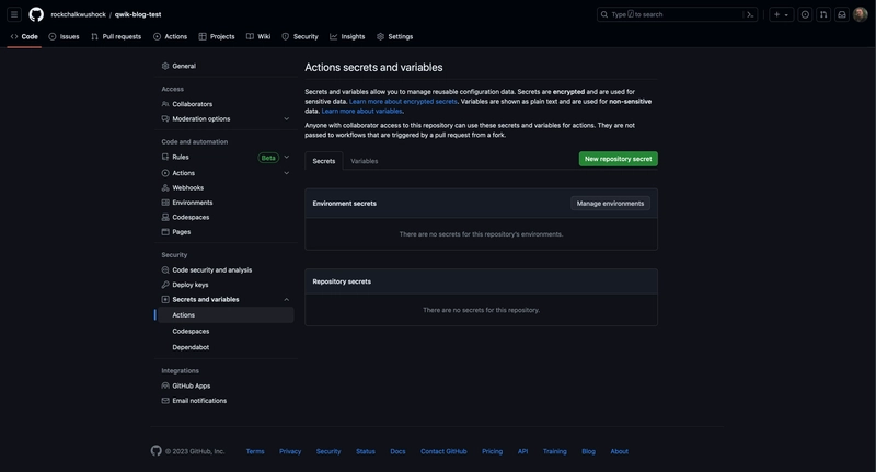 Screenshot of the GitHub repository settings page for adding new repository secrets.
